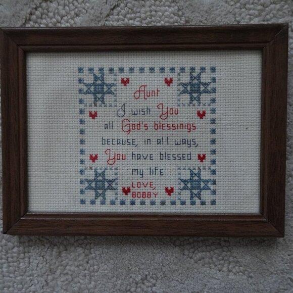Cross Stitch Picture for Aunt Blessing Framed Vintage 5.5" x 7.75" Hearts - Picture 2 of 4